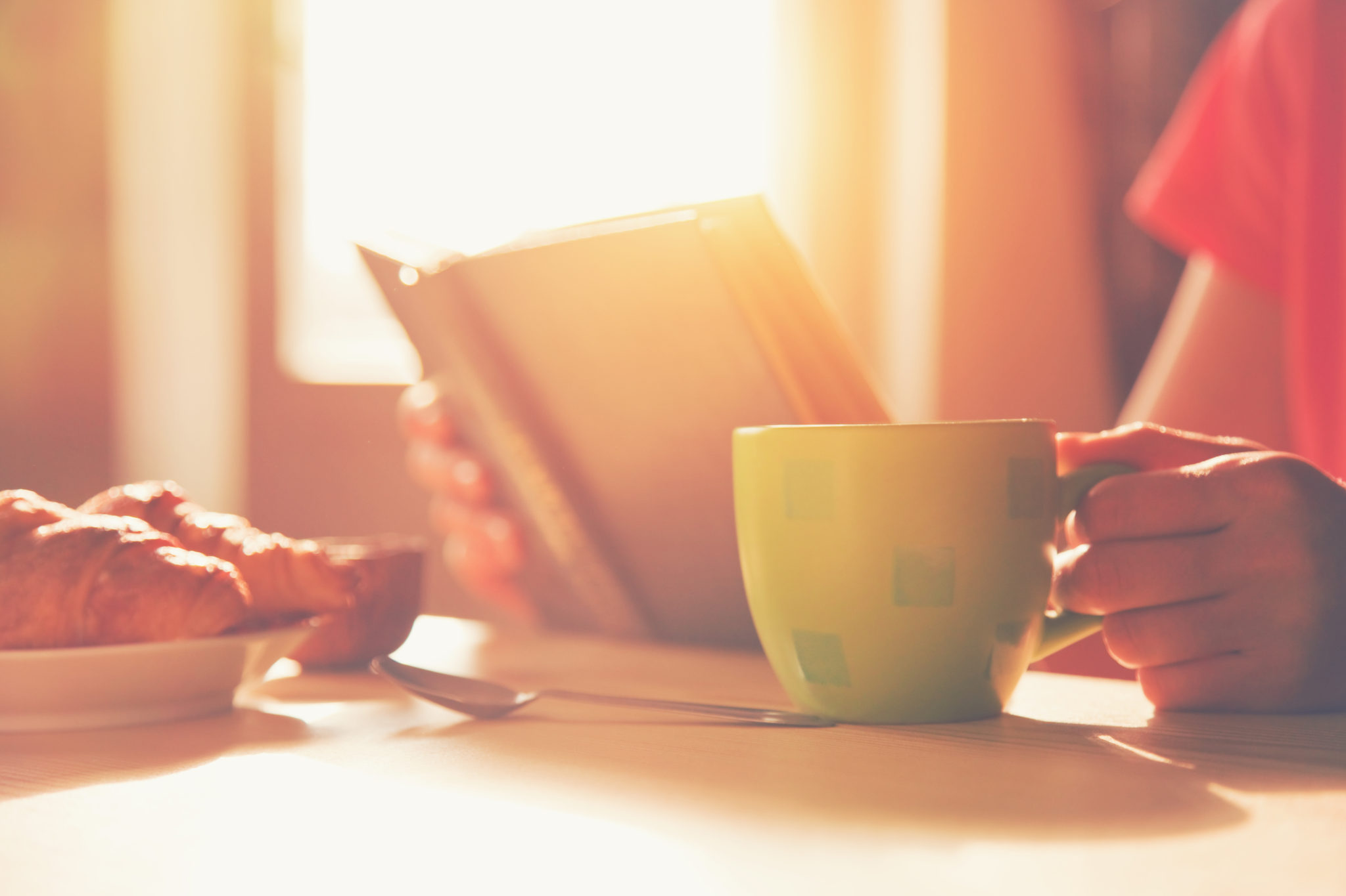 fresh breakfast with hot coffee and reading book in morning sunlight ...